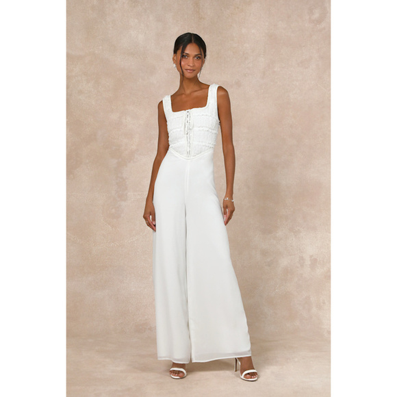 Lulus Majorly Iconic White Swiss Dot Ruffled Lace-up Sleeveless Braided Jumpsuit - Picture 1 of 15